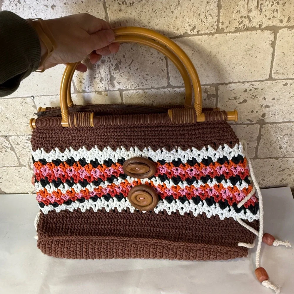 Vintage Handmade Crochet Handbag‎ Boho Hippie Purse Plastic Handles Retro